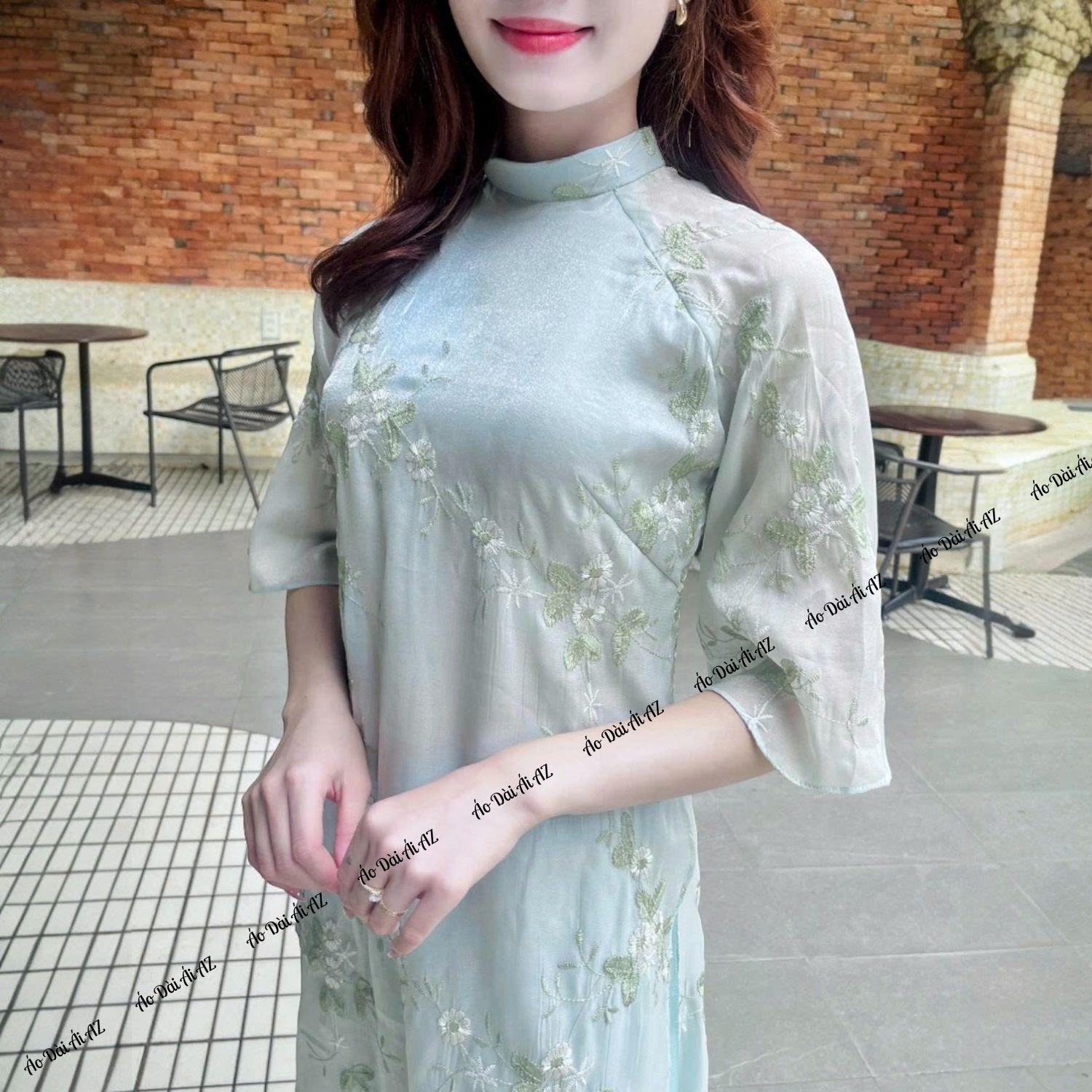Áo Dài Cách Tân Nữ Dáng Suông 4 Tà Tay Ngắn Voan Thêu Mặc Tết Chụp Ảnh MM03_thumbnail_4