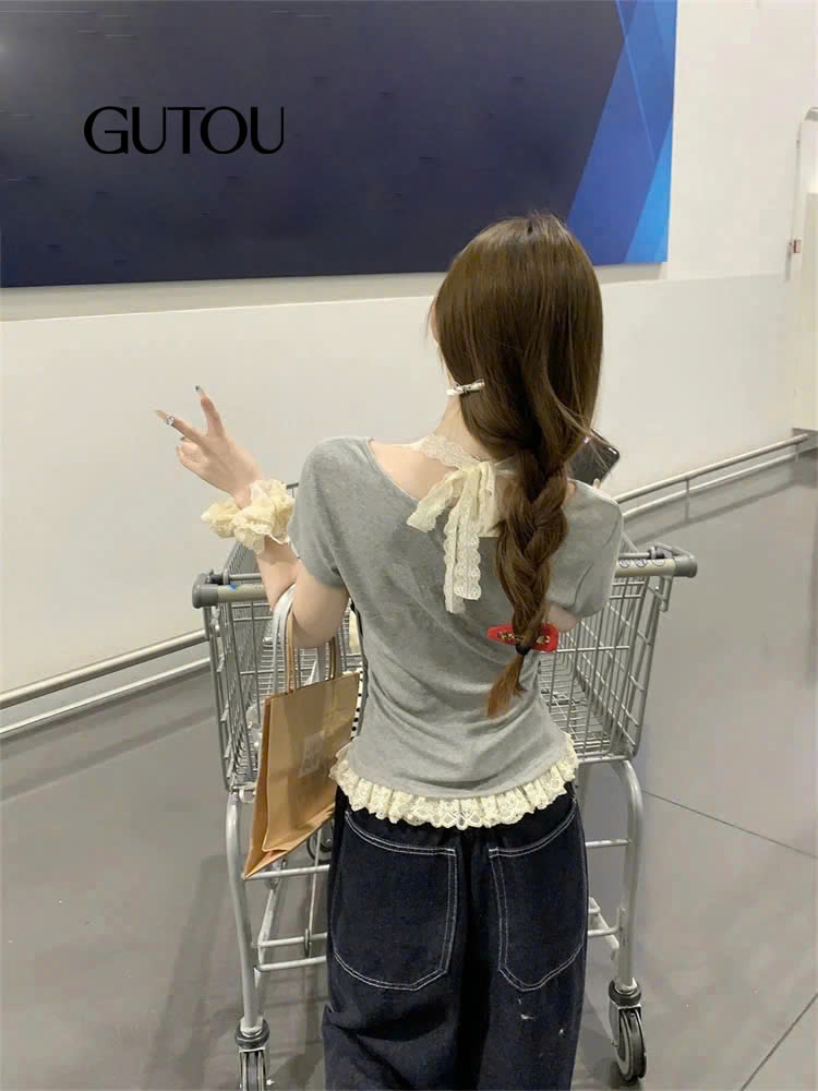 [GUTOU] Áo thun gân tăm phối ren cổ vuông_thumbnail_9