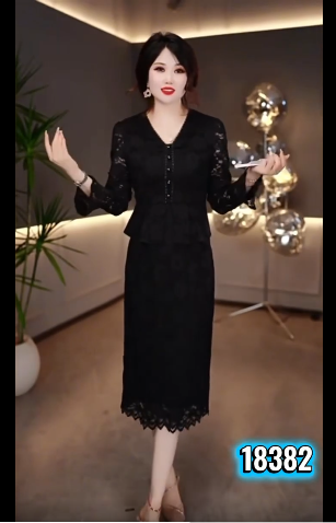 18382-Đầm suông liền ren đen tay dài loe ( ren,lót)