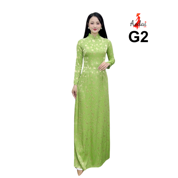 Áo dài Gấm G2 màu xanh cốm cổ cao 3cm tay dài