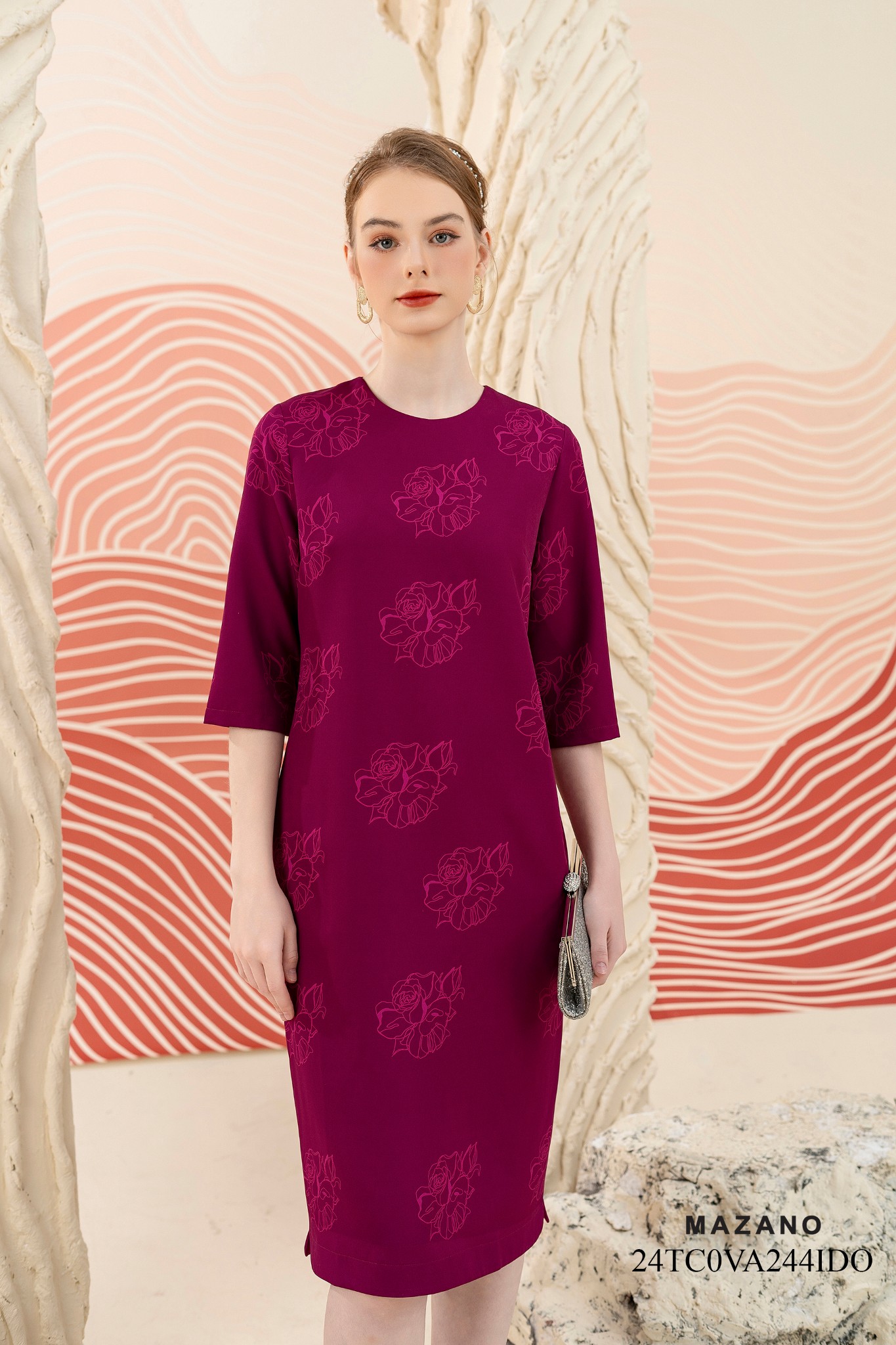 Váy Đầm suông Vải Thô  in hoa bố cục Cổ tròn Dài tới bắp chân VA244IDO