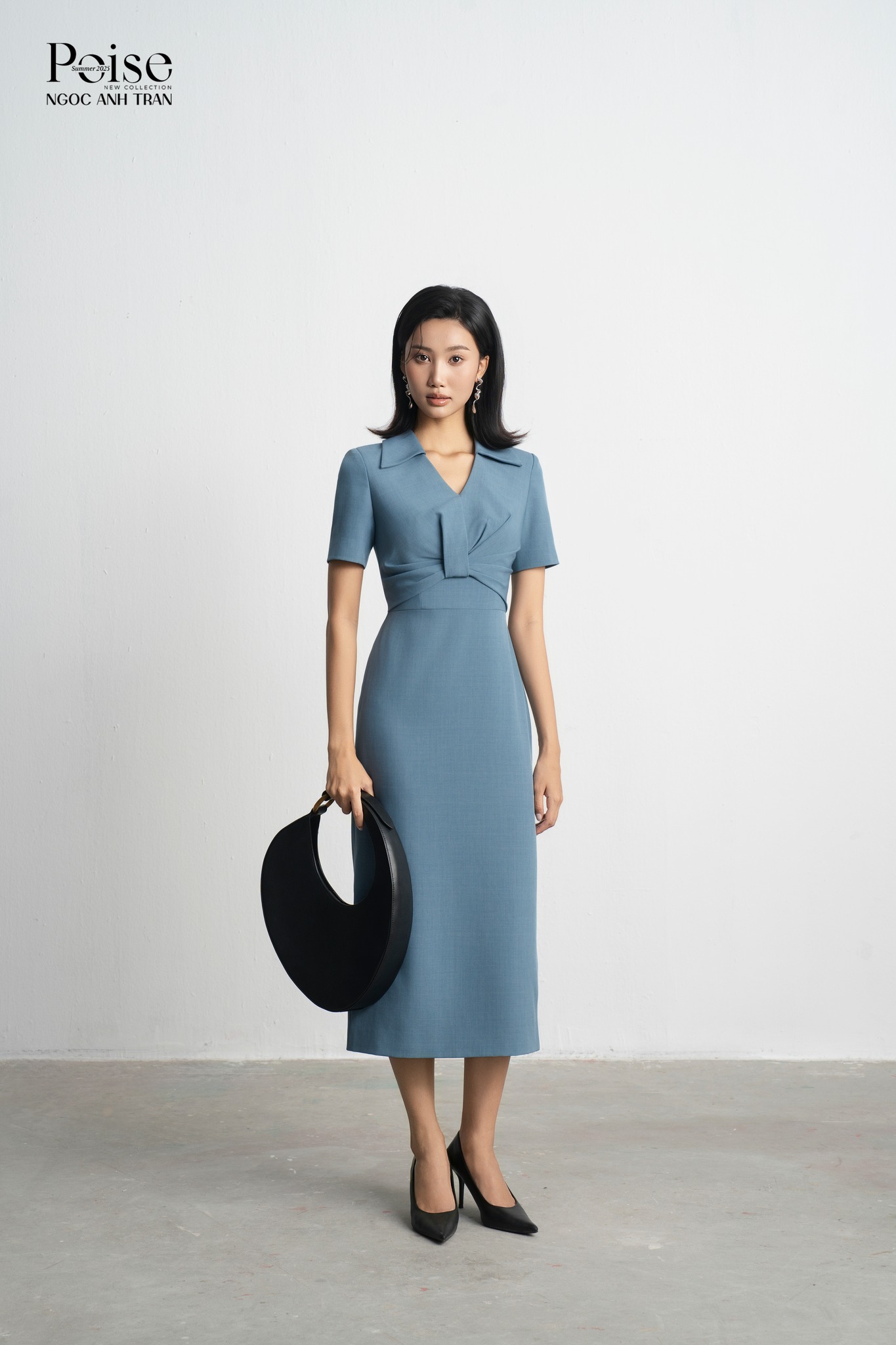 D107 - Váy xanh đá phiến cổ V cộc tay