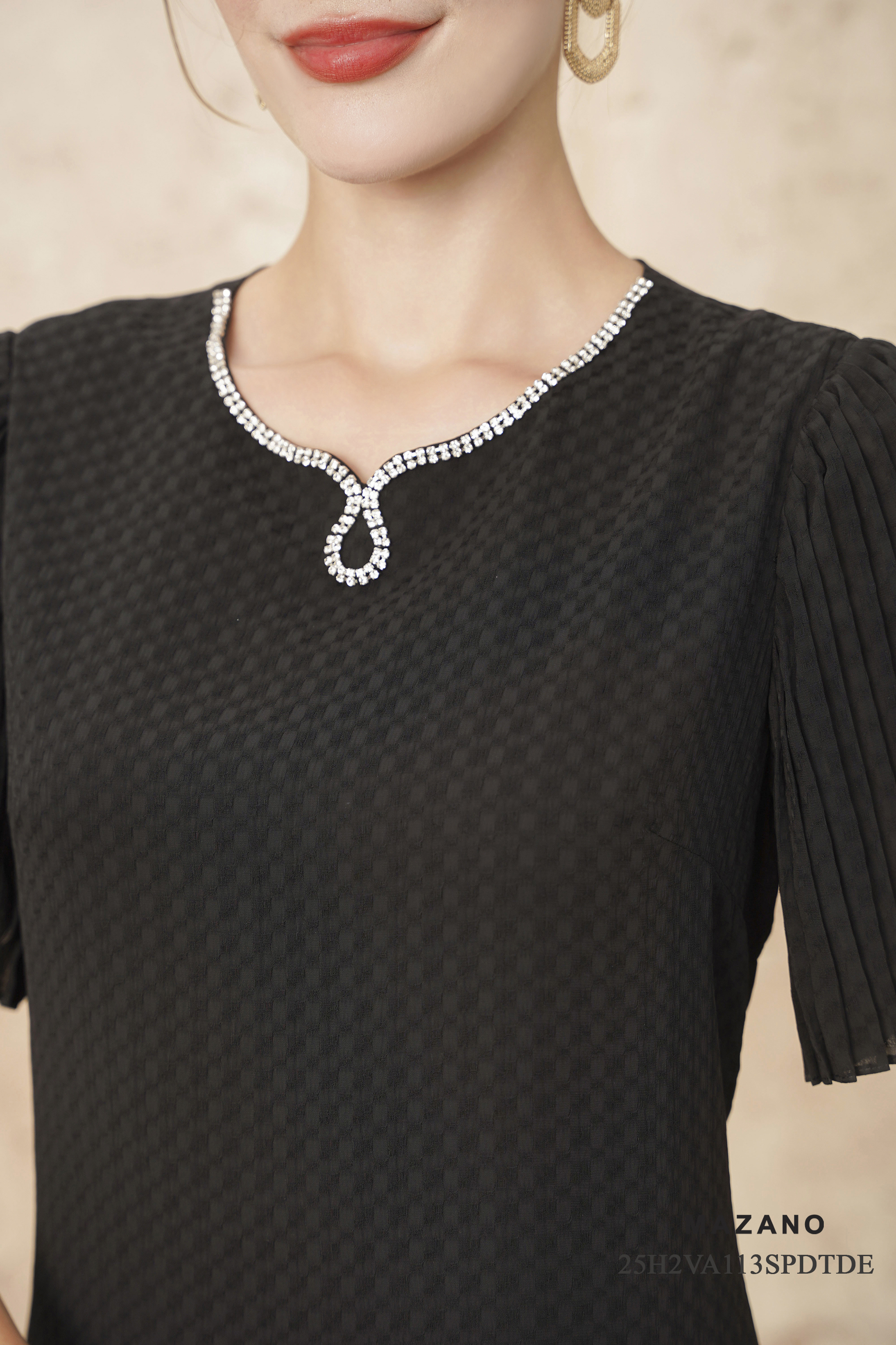 Váy Đầm suông vải voan Đính trang trí cổ Cổ tròn tay ngắn dập ly Dài váy ngang bắp chân_thumbnail_3