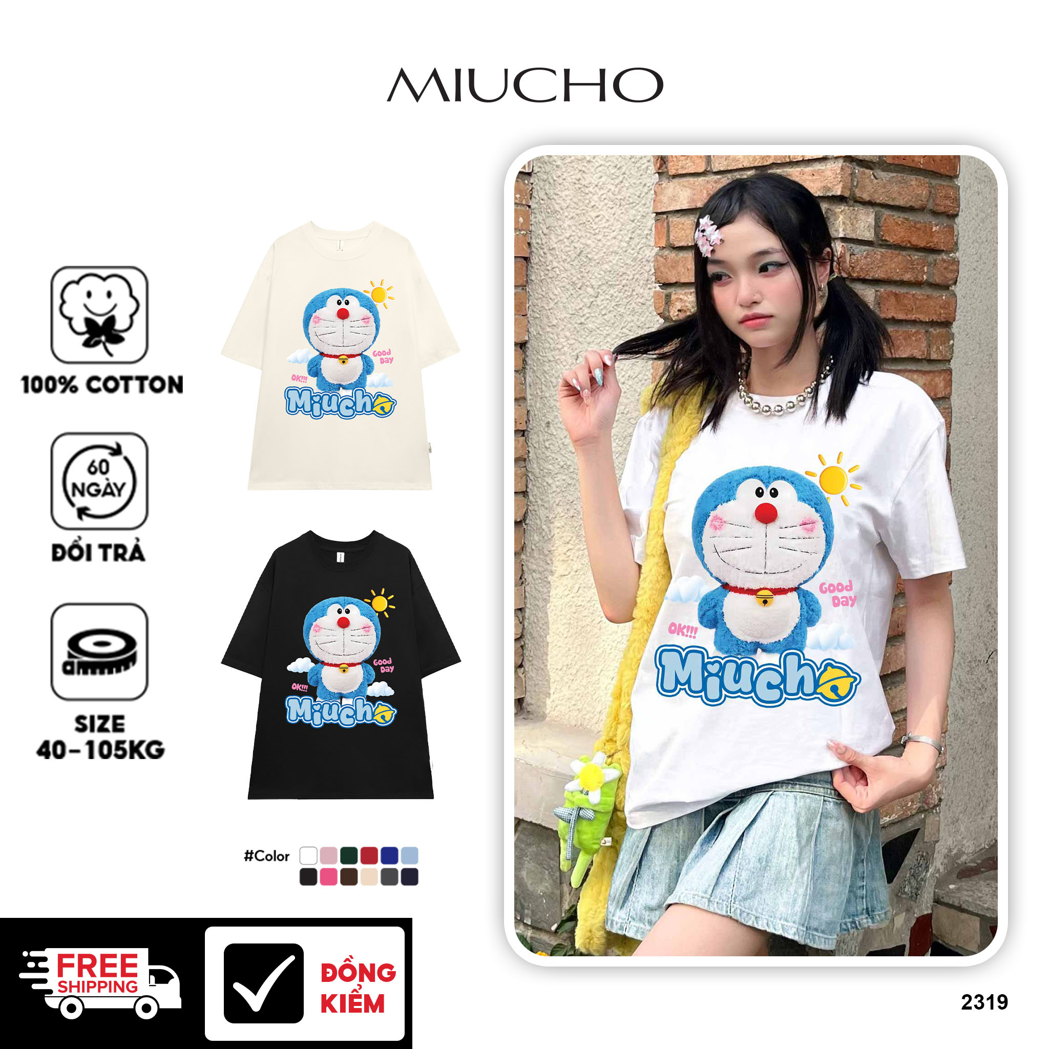 Áo thun nữ form rộng hình mèo máy 2319 Miucho vải cotton 4 chiều thoáng mát unisex in mix