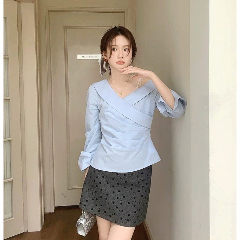 Áo sơ mi nữ lệch vai tay dài, áo nữ lệch vai nhún eo Logastore_129