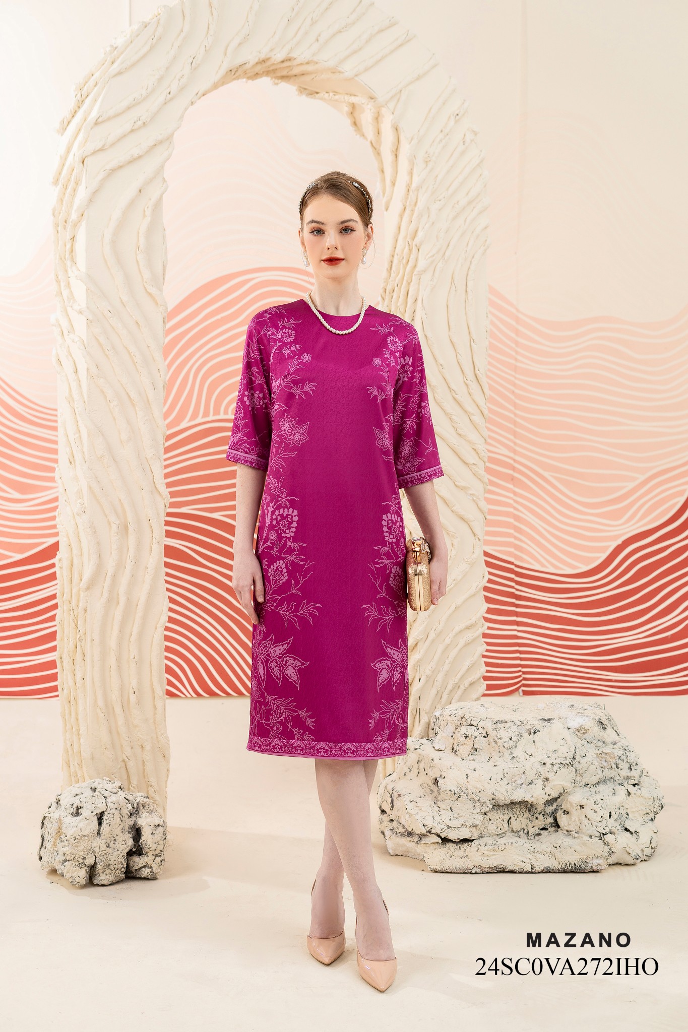 Váy Đầm suông Vải thô Hoạ tiết cách điệu Cổ tròn Tay lỡ Dài đến bắp chân_thumbnail_2