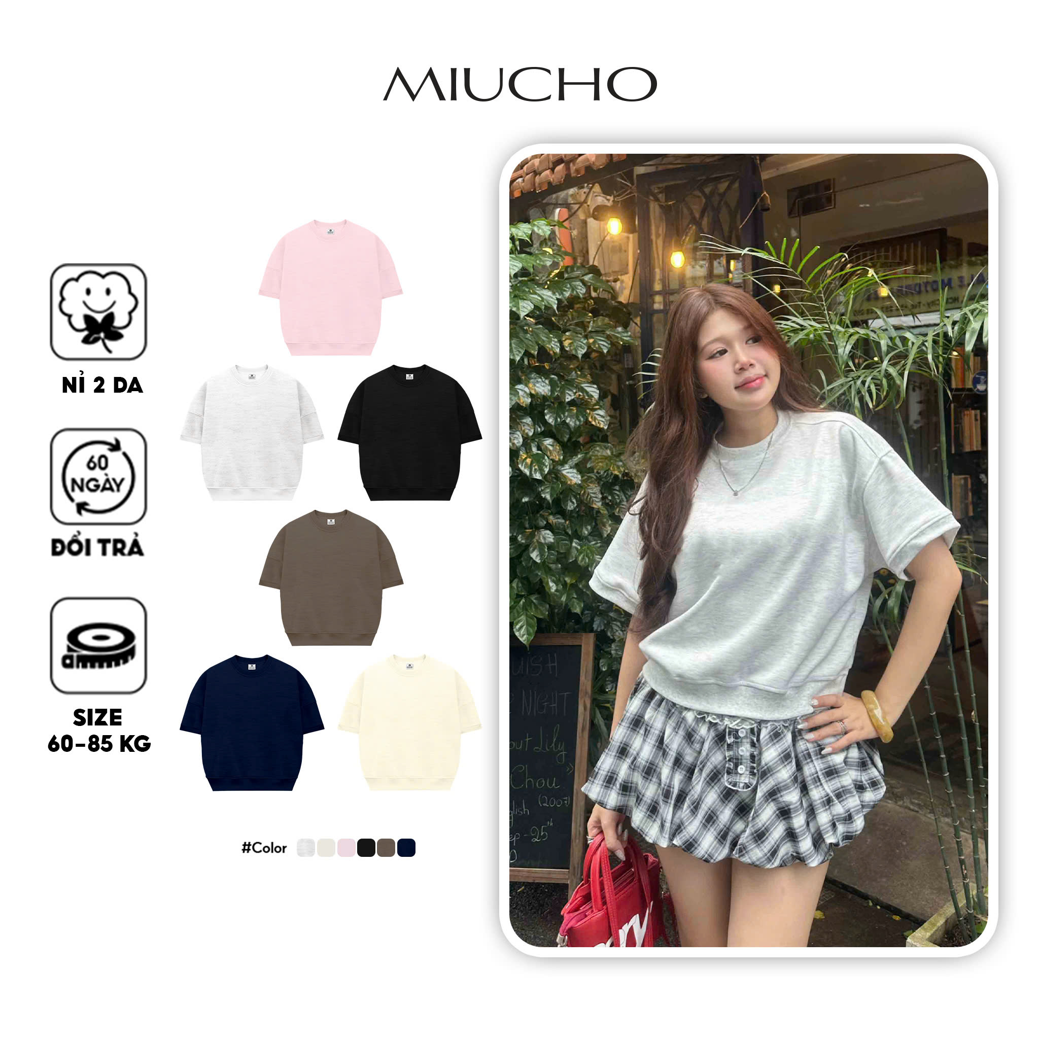 Áo sweater trơn tay ngắn form boxy ST00051 Miucho cổ tròn vải nỉ 2 da