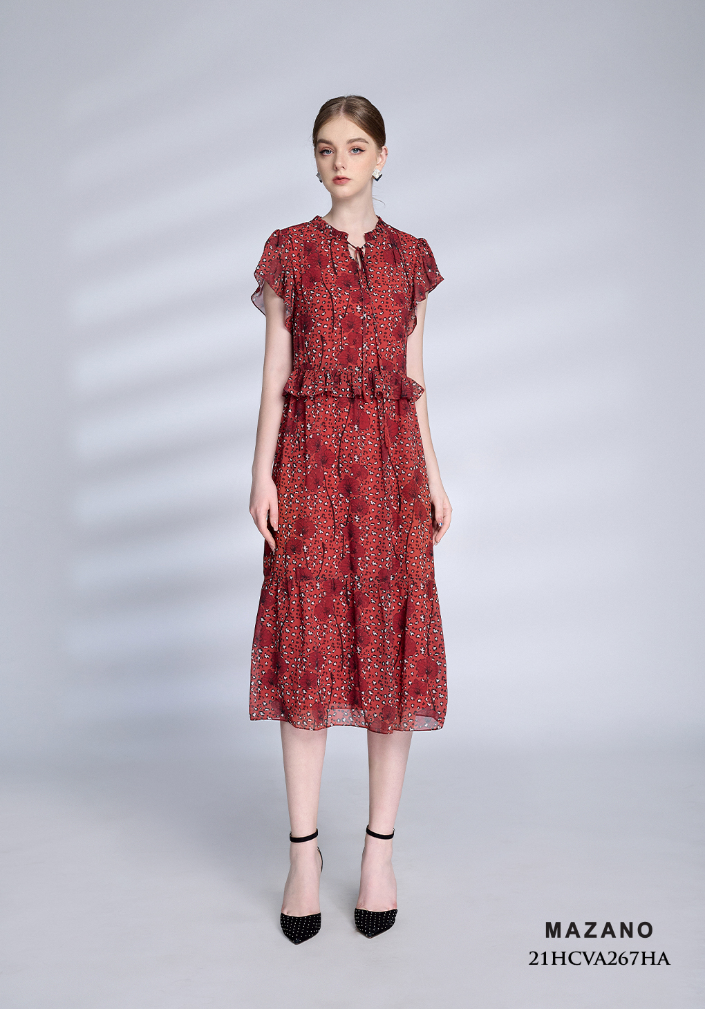 Đầm đỏ suông họa tiết phối bèo_thumbnail_0