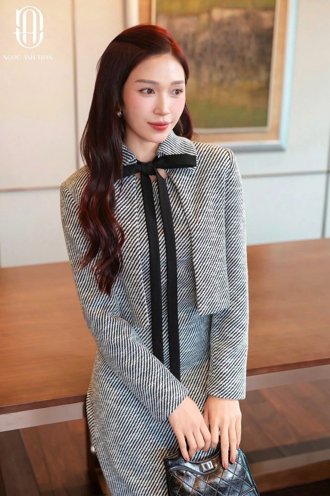 A245 - Set áo kiểu dài tay phối váy liền hoạ tiết đan chéo