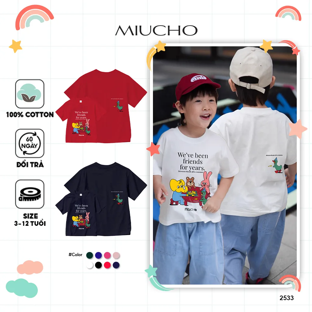 Áo thun kid hoạt hình dễ thương tay ngắn cổ tròn 2533 Miucho Kid vải cotton thoáng mát cho bé