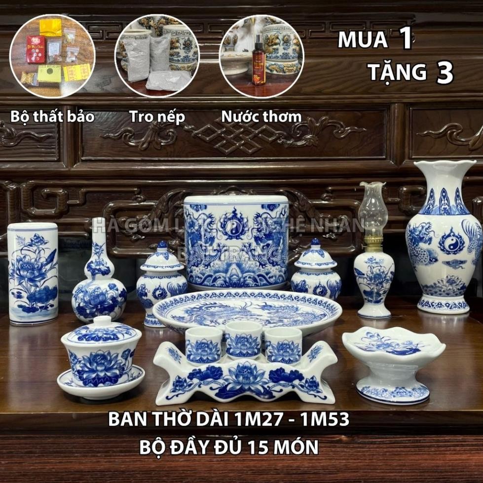HG031 Đồ Thờ Cúng Bộ 15 món ban thờ 1M27 - 1M53 Men trắng nghệ nhân Bát Tràng chế tác TẶNG Thất Bảo, Tro Nếp