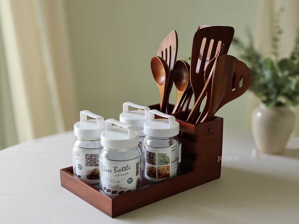 Khay muỗng đũa gia vị gỗ xà cừ màu đậm