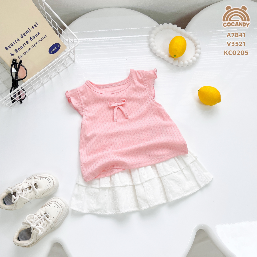 Áo cộc HỒNG tay cánh tiên phối nơ ngực