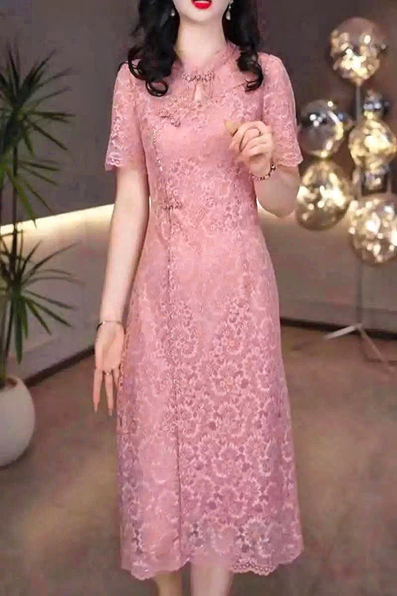 18017-Đầm suông ren màu hồng san hô cổ tàu cách điệu ( ren, lót)_thumbnail_0