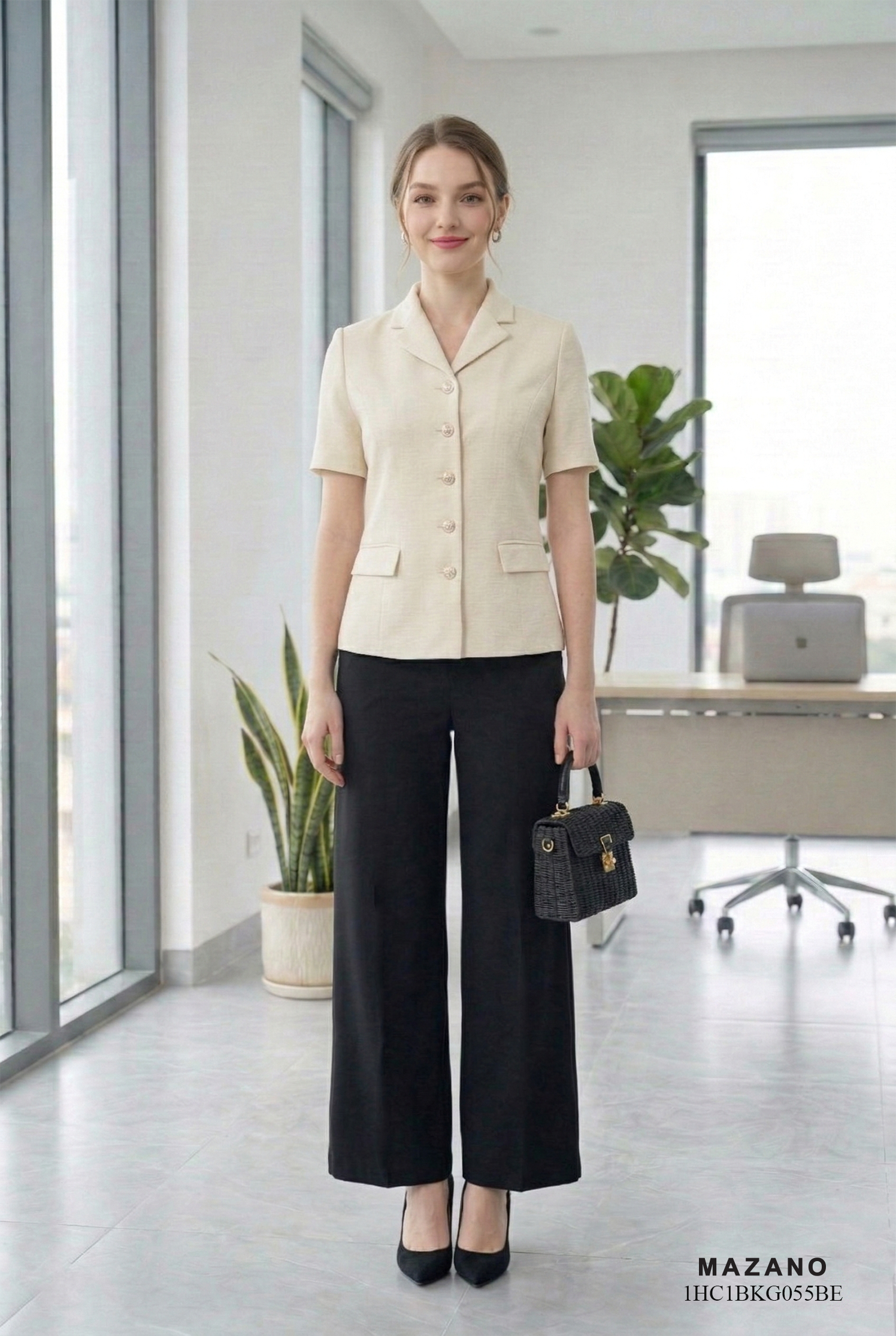Áo ký giả vải linen màu be dáng suông gọn cổ 2 ve tay ngắn thiết kế MAZANO 1HC1BKG055BE