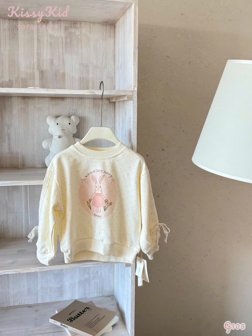 (G108) Áo nỉ màu be in thỏ chấm bi SHIGLUER_thumbnail_0