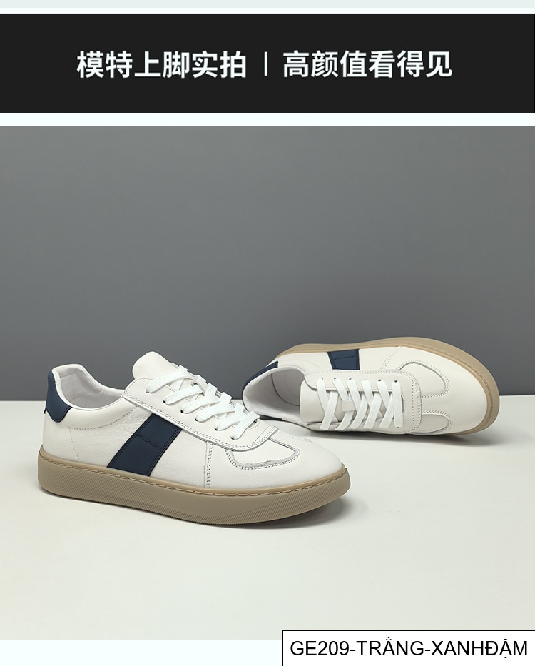 GE209 - Giày thường ngày màu khối da bò lớp một dành cho nam, giày hợp thời trang cao cấp đa năng, giày thể thao da thật Châu Âu, giày sang trọng nam dễ tiếp cận