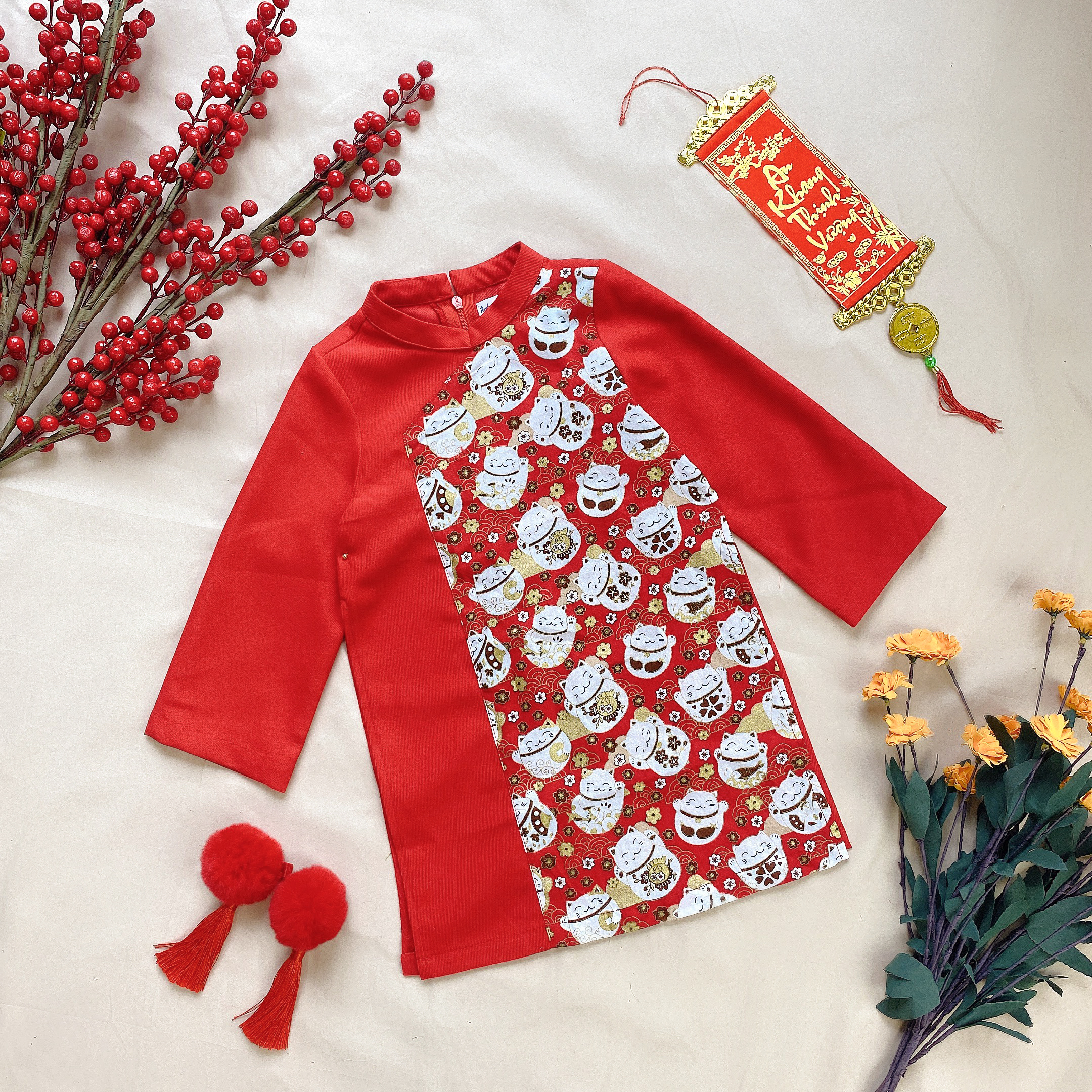 Áo dài bé trai họa tiết mèo thần tài_thumbnail_7