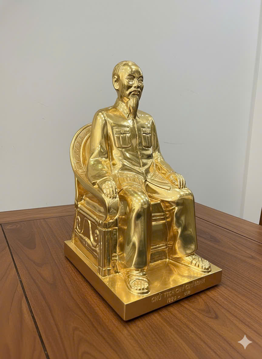 Tượng Bác Hồ ngồi ghế đúc đồng đỏ dát vàng 9999 KT CAO 50CM _thumbnail_0