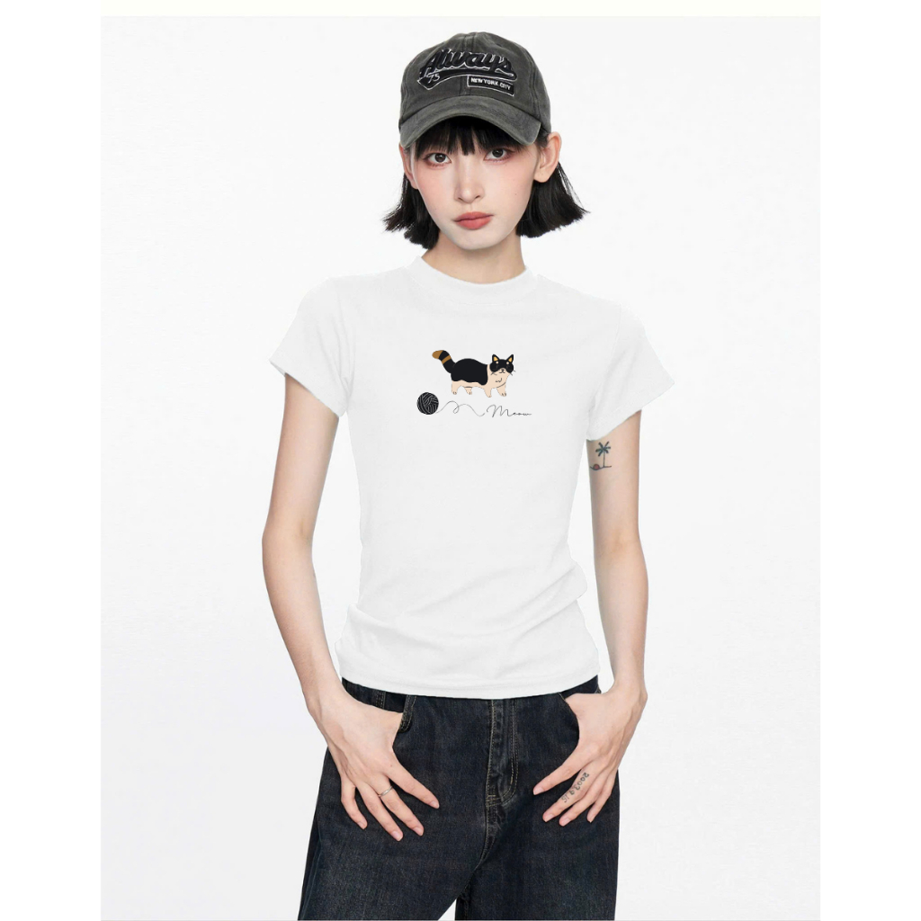 Áo Baby tee nữ hình mèo chất cotton - Áo thun Baby tee nữ LOZA ET8235_thumbnail_1