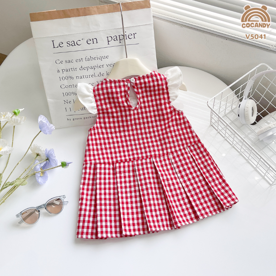 Váy cộc caro ĐỎ tay cánh tiên ren phối nơ_thumbnail_1