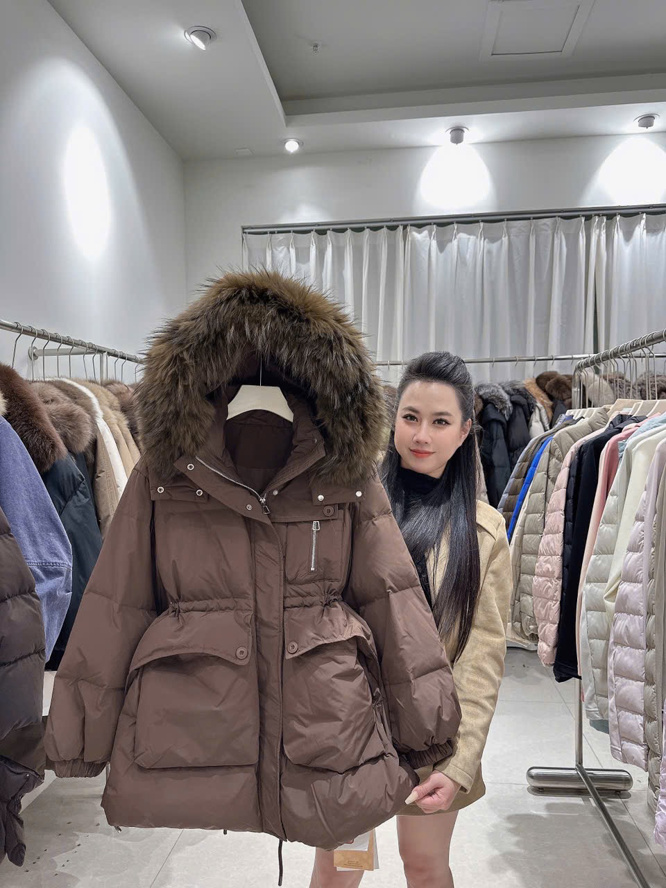 Áo phao cổ lông Nâu - A36