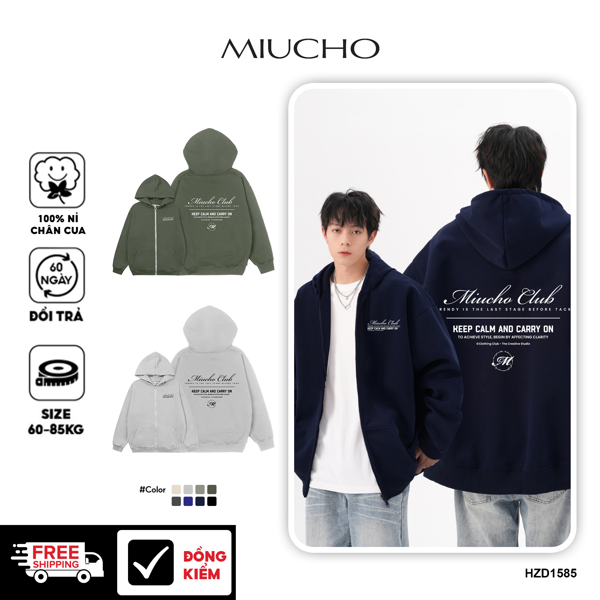 Áo hoodie zip nam local brand form rộng HZD1585 Miucho Club vải nỉ chân cua dày dặn mũ rộng in basic