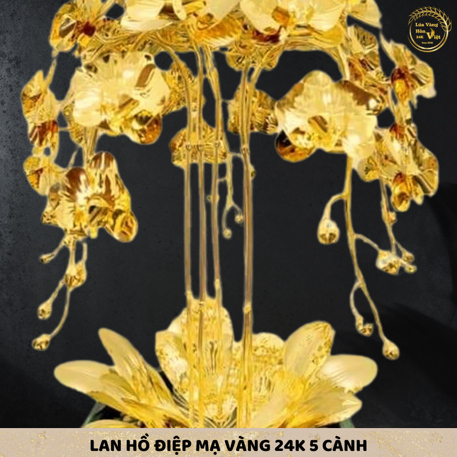HOA LAN ĐỒNG MẠ VÀNG 24K CHẬU GỐM XANH 5 CÀNH_thumbnail_2