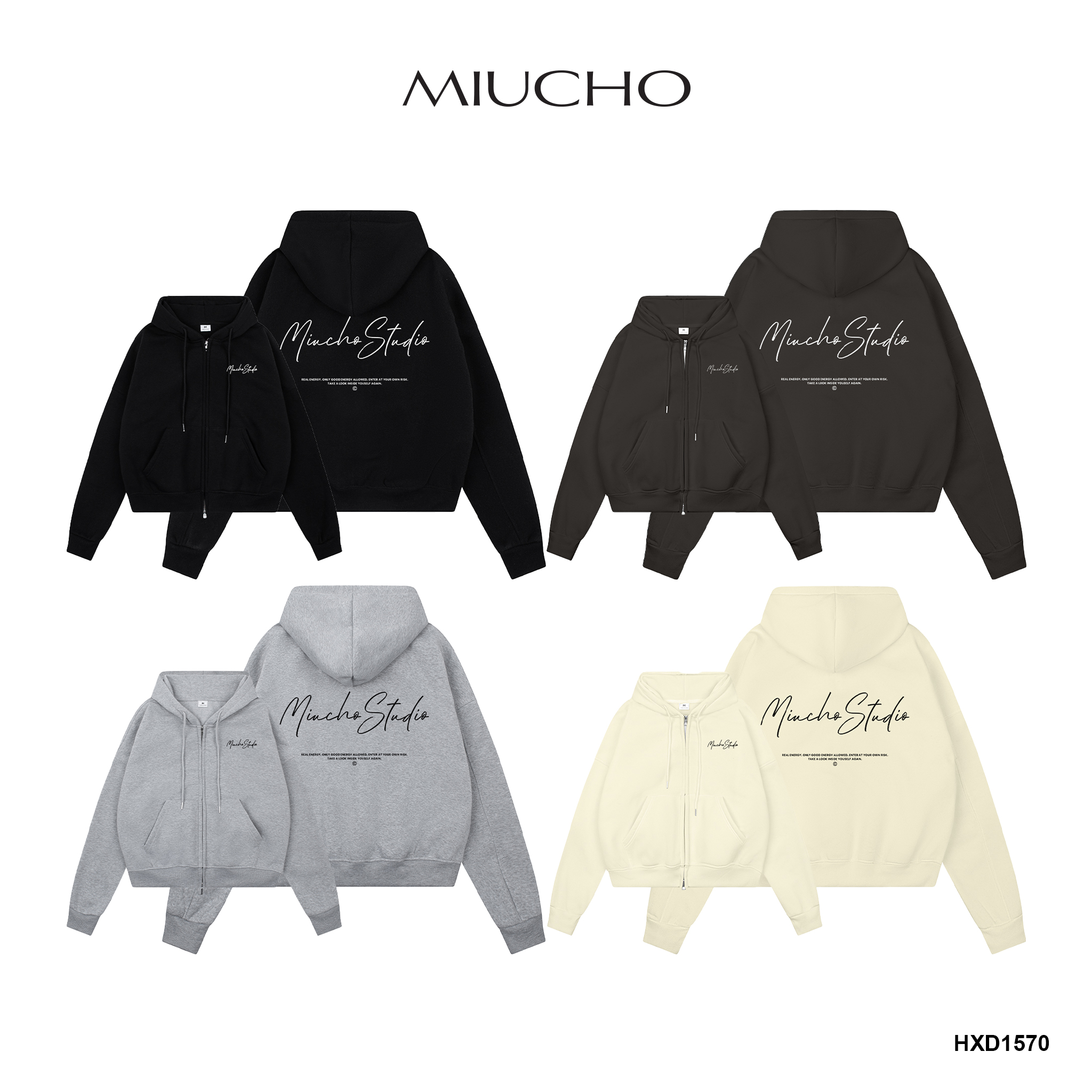 Áo hoodie zip local brand dày dặn form boxy HXD1570 Miucho Club vải nỉ 2 da khóa kéo mũ rộng in basic