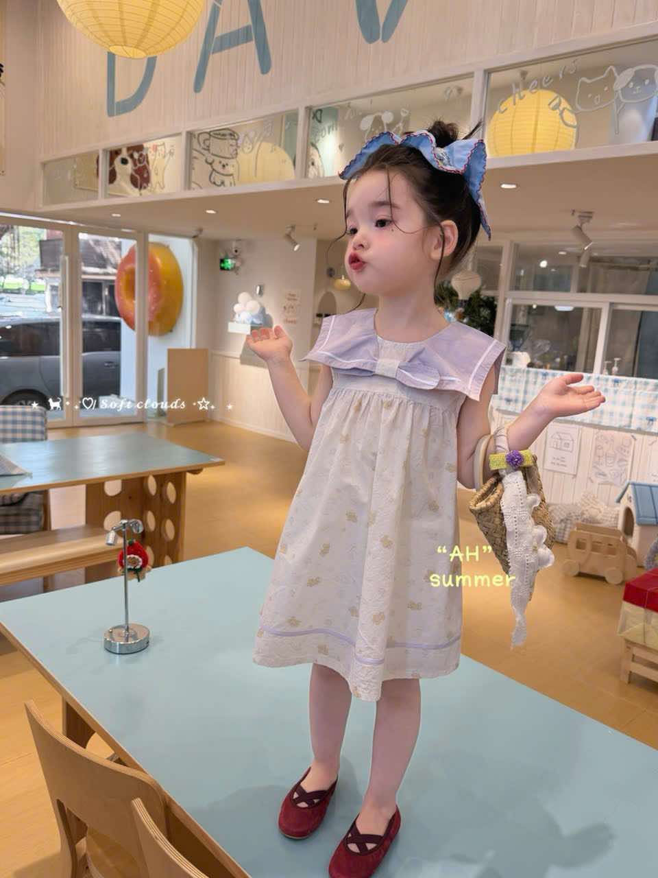 AH35 - Váy thô cổ vuông phối bèo in họa tiết màu tím nhạt hãng AH