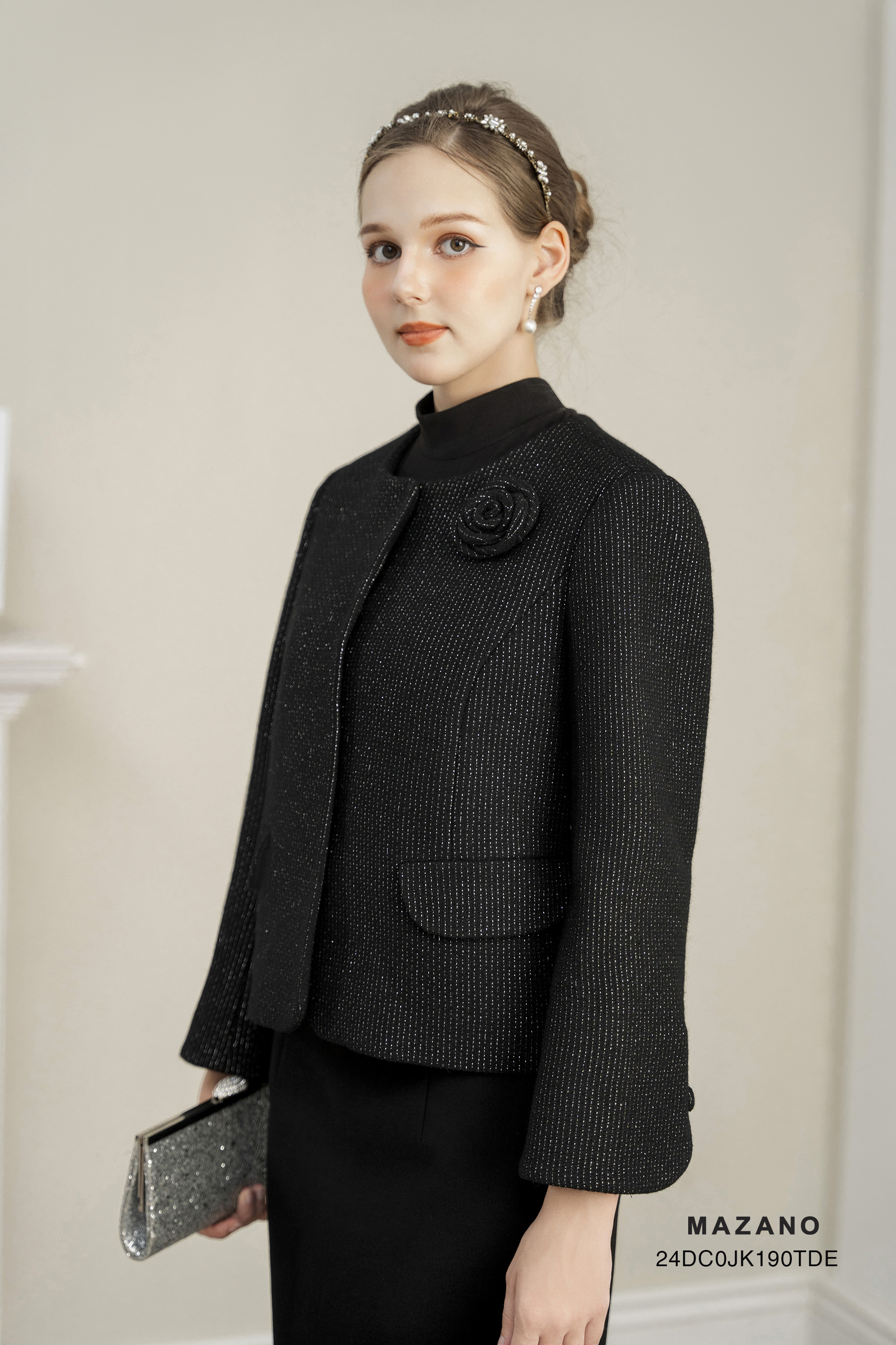 Áo khoác ngắn Vải dạ tweed Đính hoa thủ công Cổ trònTay dài Dài qua eo_thumbnail_7