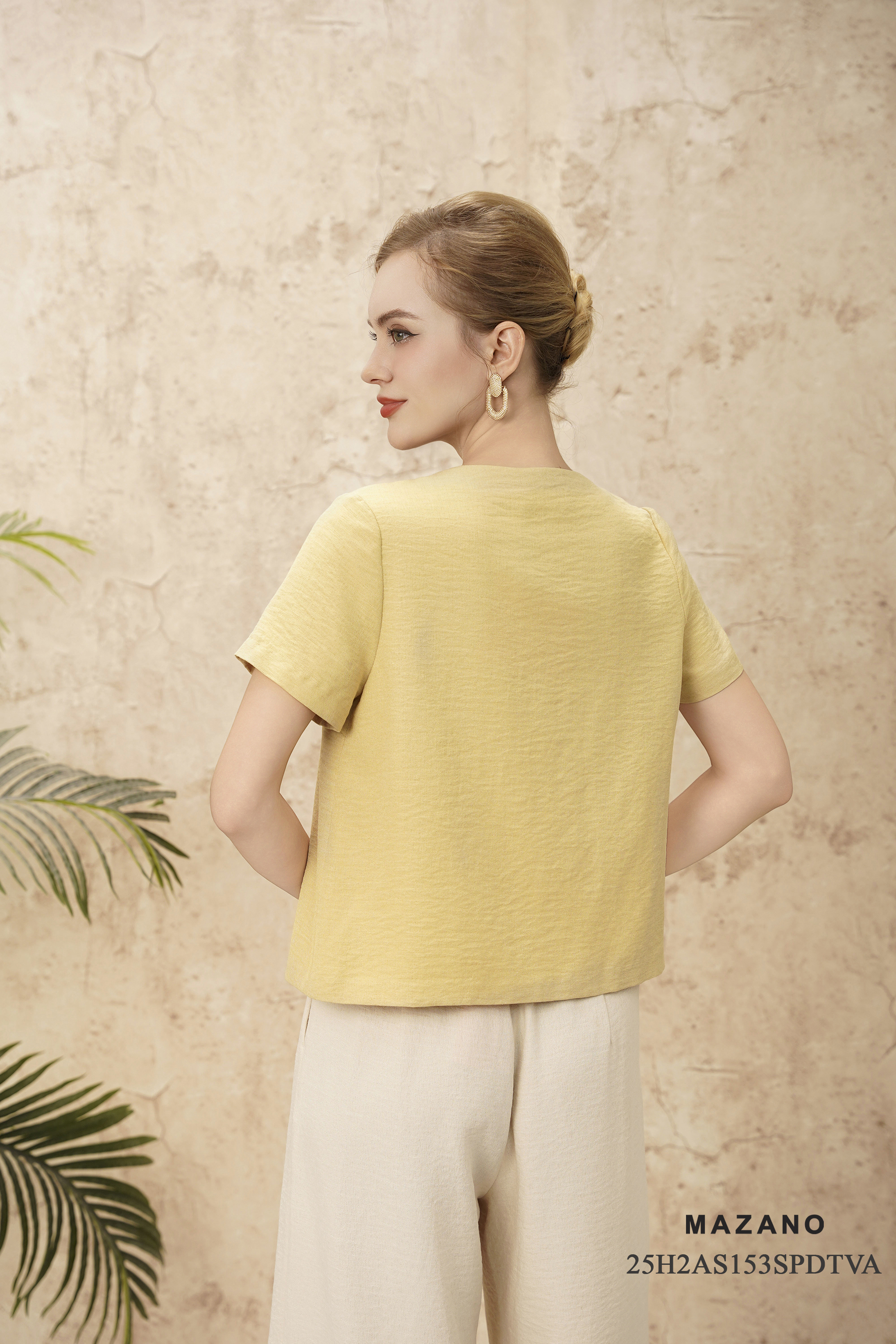 Áo suông cài khuy Vải linen màu vàng kem không Cổ Tay ngắn Dài áo qua eo_thumbnail_3