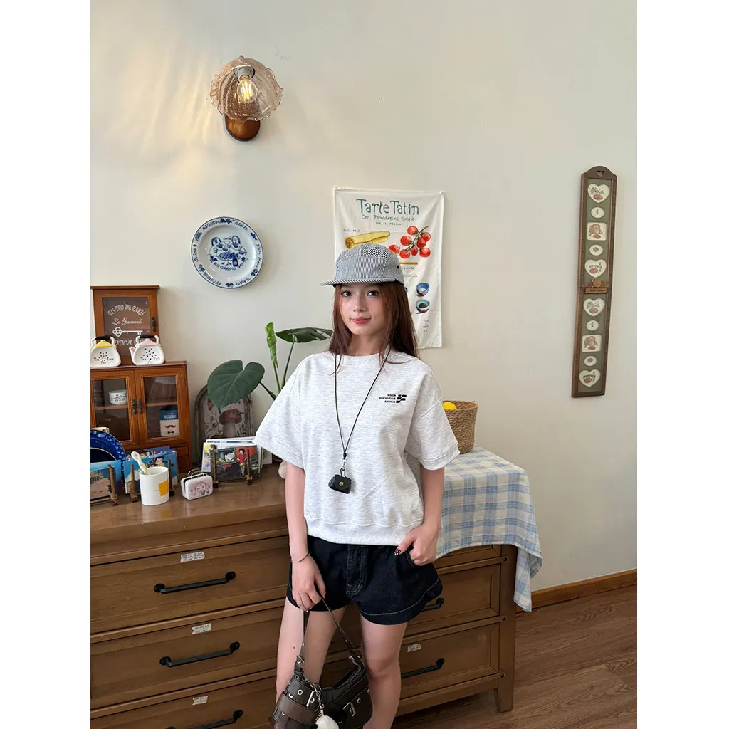 Áo sweater tay ngắn form boxy basic nhiều màu 2599 Miucho tay ngắn cổ tròn vải nỉ 2 da thoáng mát in basic_thumbnail_5