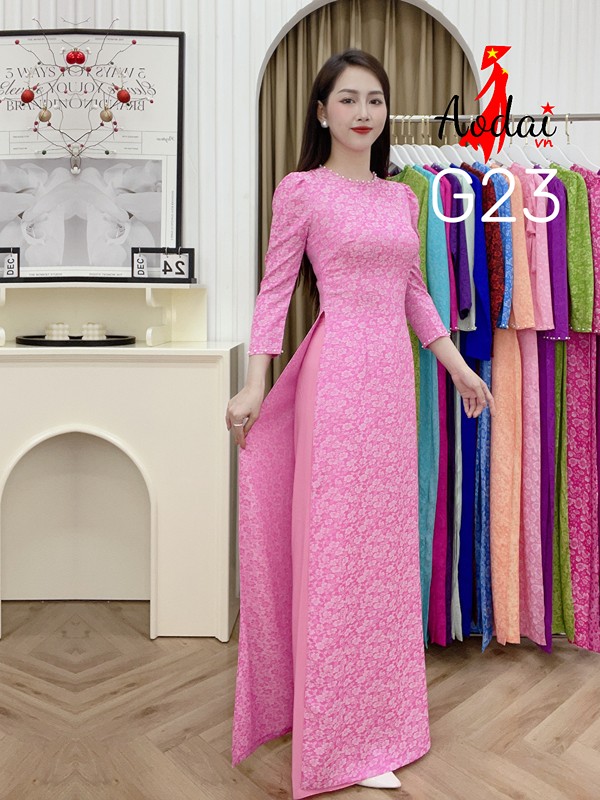 Áo dài Gấm G23 màu Hồng phấn cổ tròn tay bồng nhẹ đính hạt ngọc