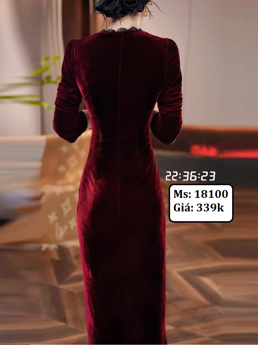 18100-Đầm body nhung đỏ đô tay lở phối viền ren (thun nhung, ren)_thumbnail_1