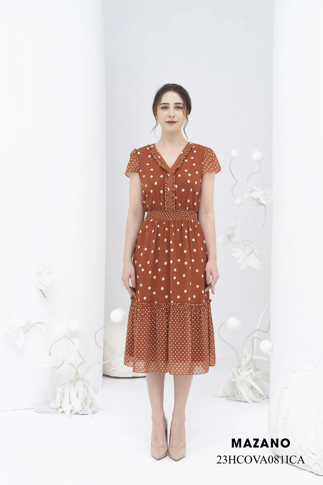 Váy Đầm ôm Chân rủ tầng Vải voan Hoạ tiết chấm bi Cổ V Tay ngắn Dài trên bắp chân