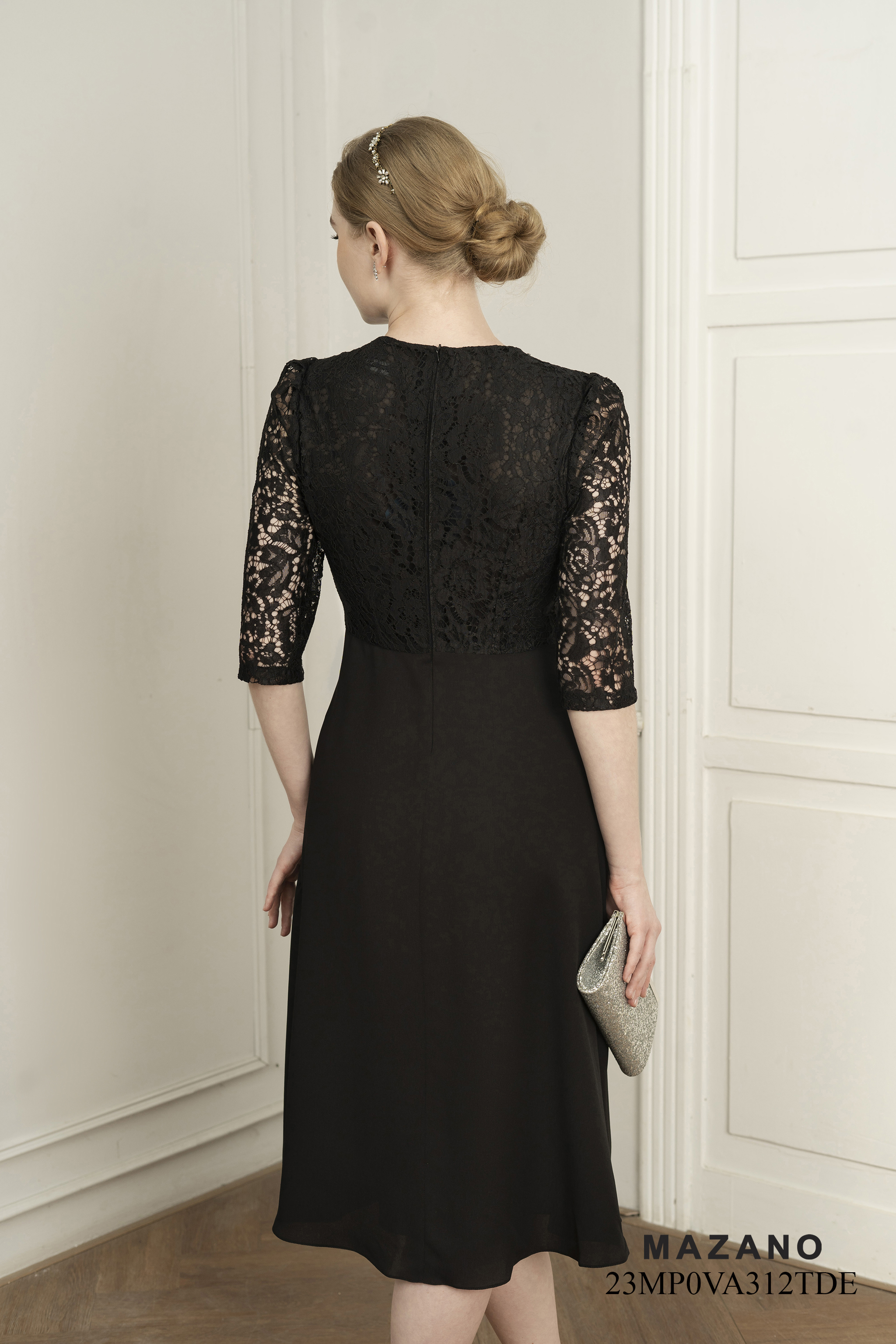 Váy Đầm ôm chân rủ Vải thô phối ren Đính trang trí ngực Cổ tròn Tay lỡ Dài đến bắp chân_thumbnail_2