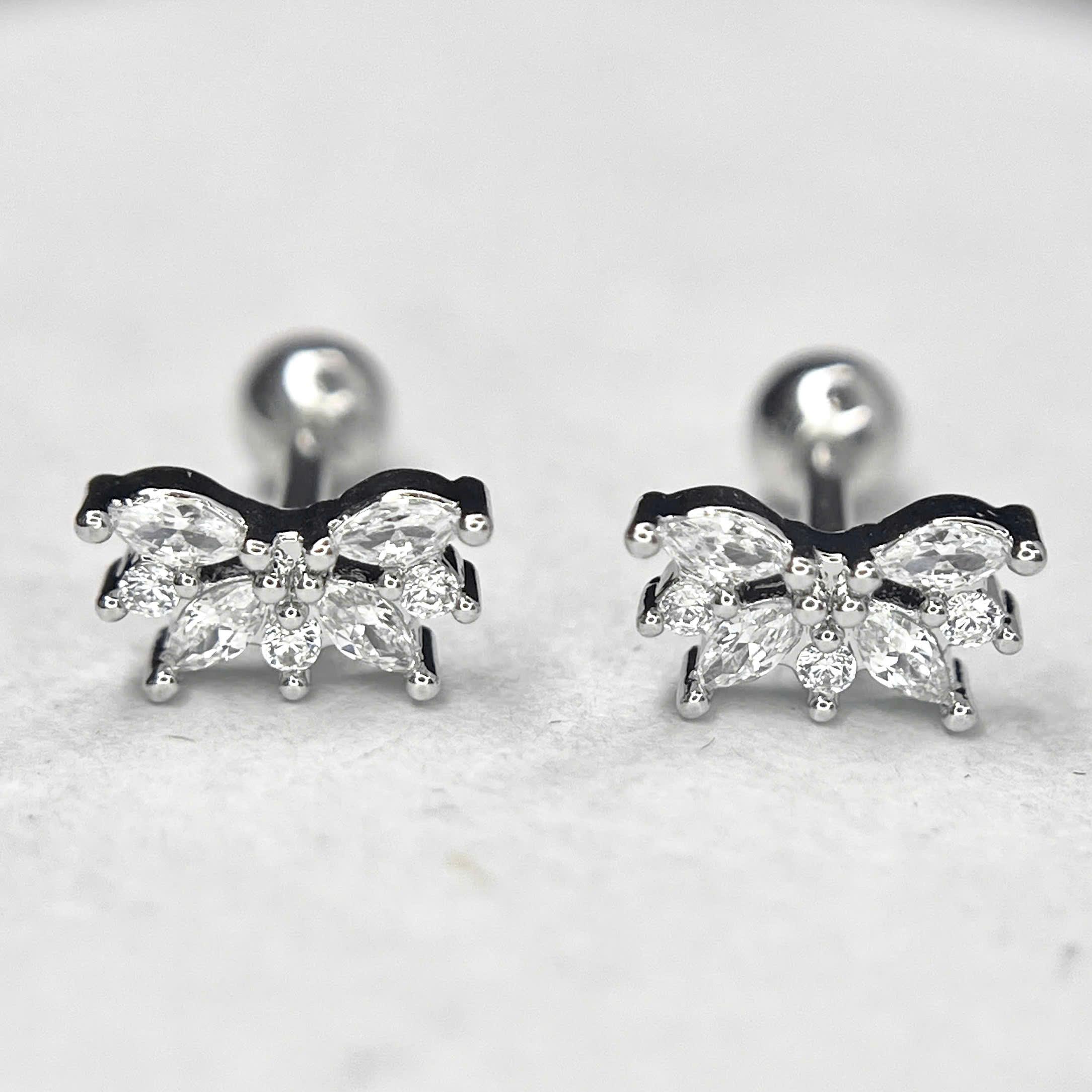 Khuyên kiểu 6 lá kim đá trắng dẹt