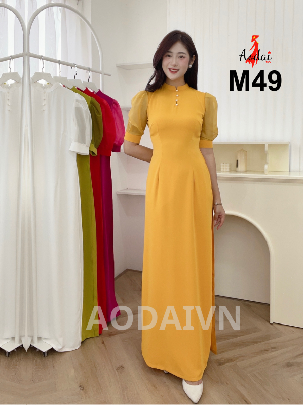 M49 Áo dài thiết kế màu vàng cổ cao 2cm tay bồng Voan tơ mềm_thumbnail_1