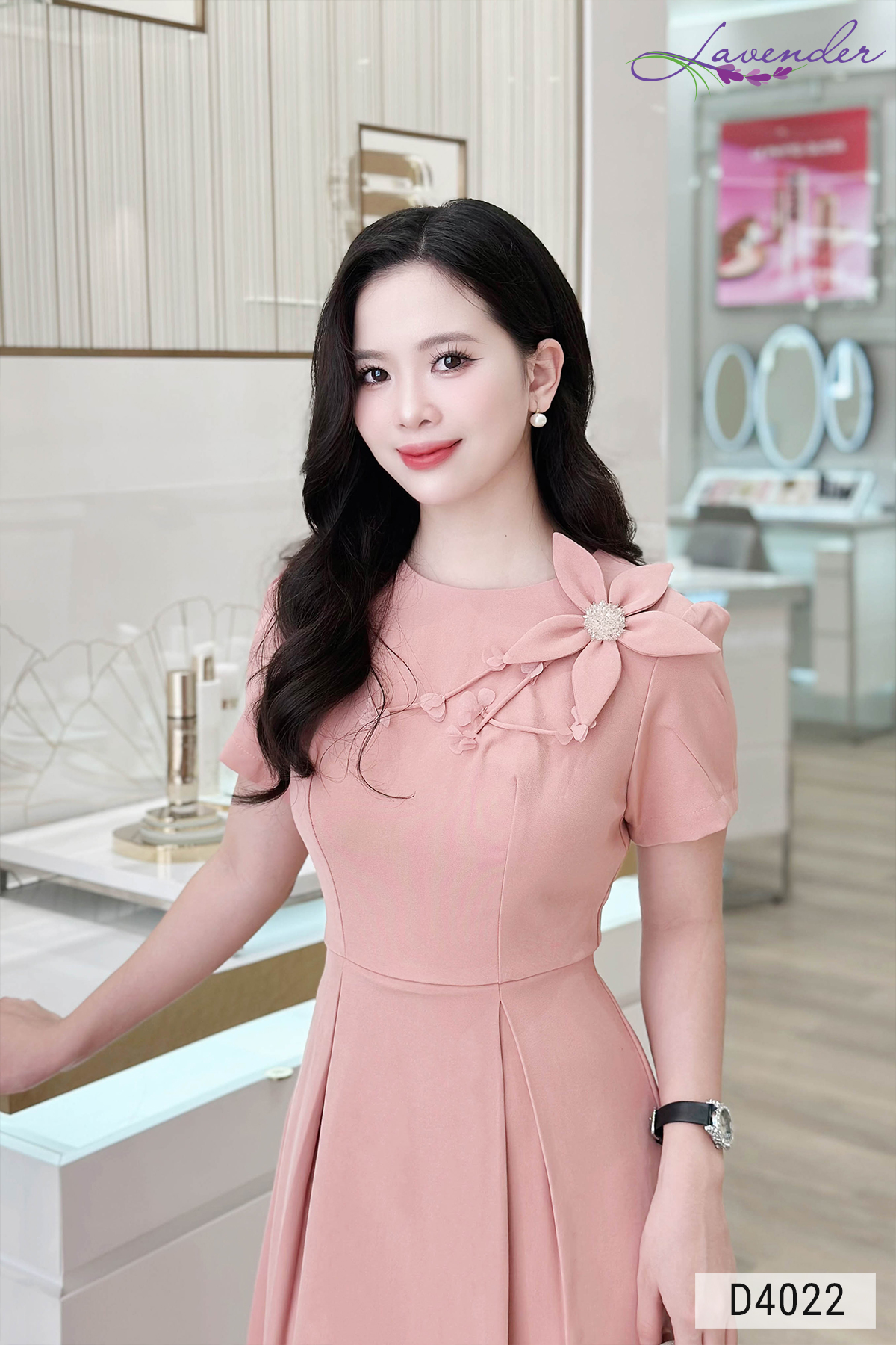 Đầm xòe hồng cổ tròn phối hoa vai tay ngắn D4022_thumbnail_3
