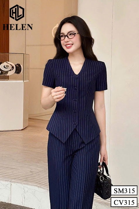 SET sơ mi + quần suông kẻ xanh than SET315Q