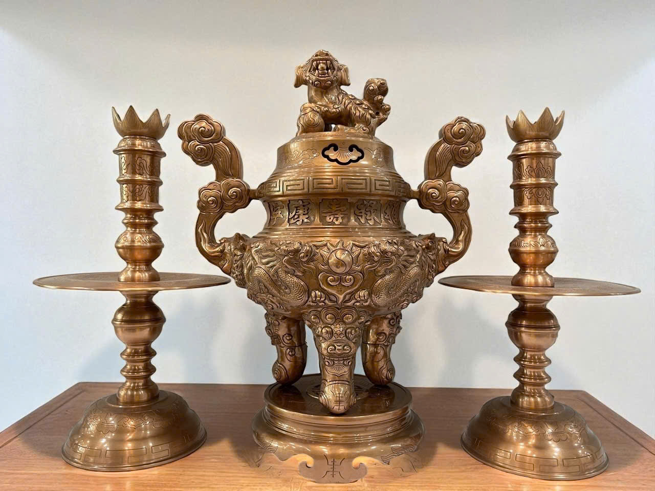 Bộ ngũ sự hoa văn rồng đúc đồng đỏ cao 70cm _thumbnail_3
