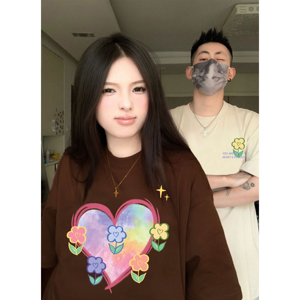 Áo thun cặp đôi hình trái tim form rộng tay lỡ màu xinh ATD1208 Miucho vải cotton thoáng mát cổ tròn in mix_thumbnail_5