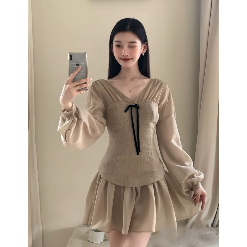 Váy phối tơ dáng ngắn tay bồng, váy ngắn nữ màu nâu phối tơ nữ tính Logastore_L212_thumbnail_1