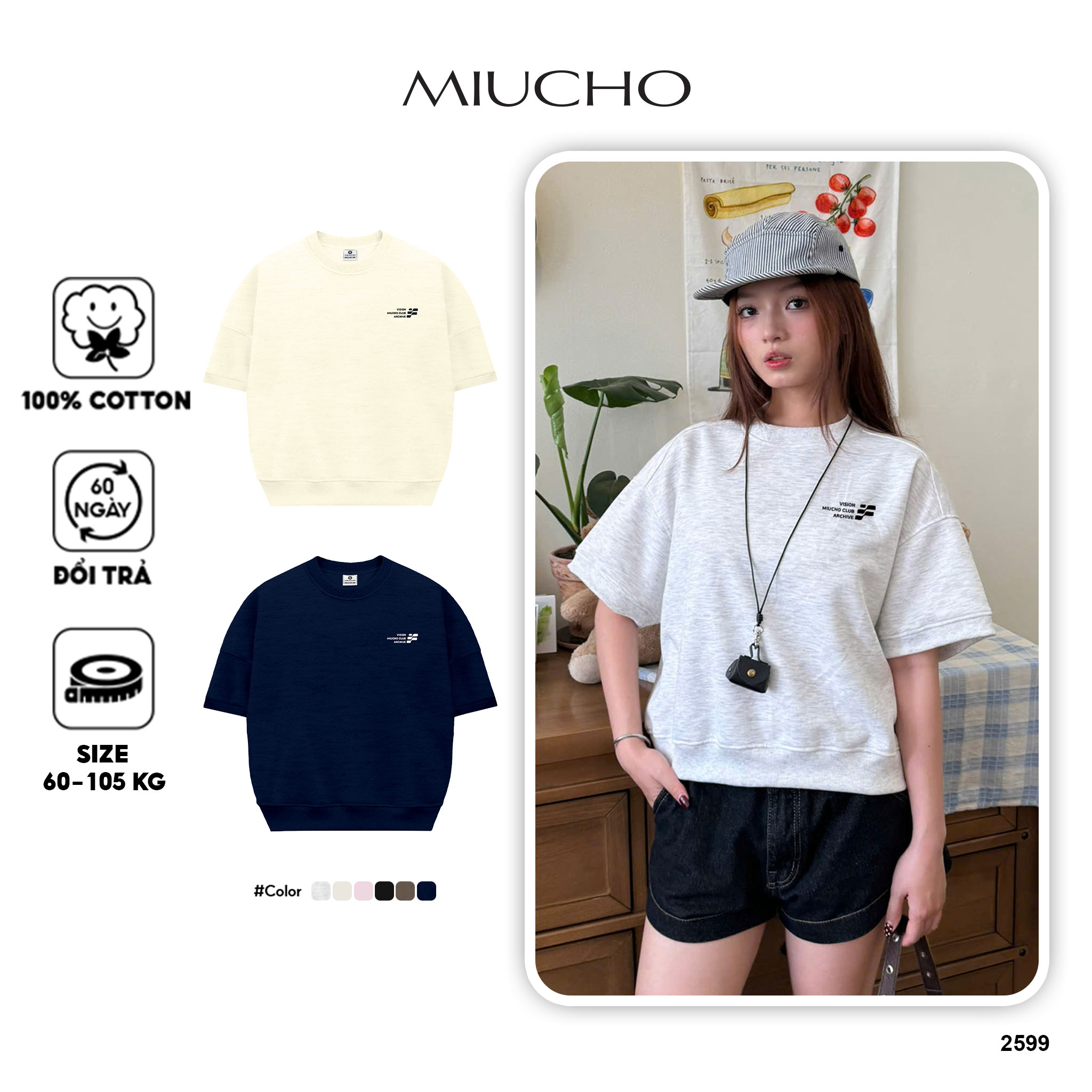 Áo sweater tay ngắn form boxy basic nhiều màu 2599 Miucho tay ngắn cổ tròn vải nỉ 2 da thoáng mát in basic_thumbnail_1