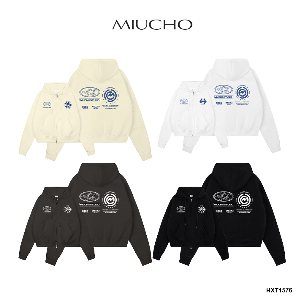 Áo hoodie zip local brand form boxy HXD1576 Miucho vải nỉ bông dày dặn khóa kéo in mix_thumbnail_1