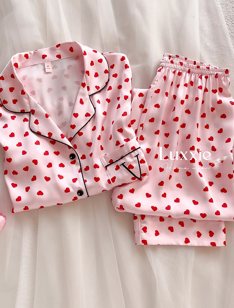 LEDAI11 Pijama lụa hồng chấm tim