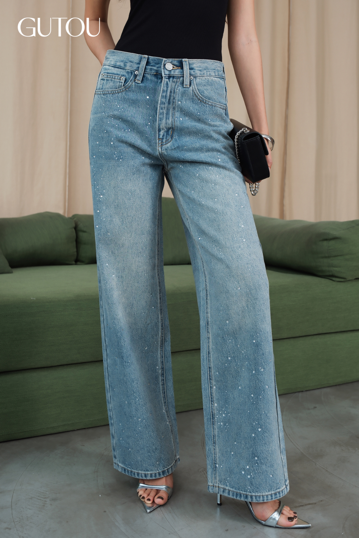 [ GUTOU ] Quần Suông Đính Đá Crystal Jeans_thumbnail_9