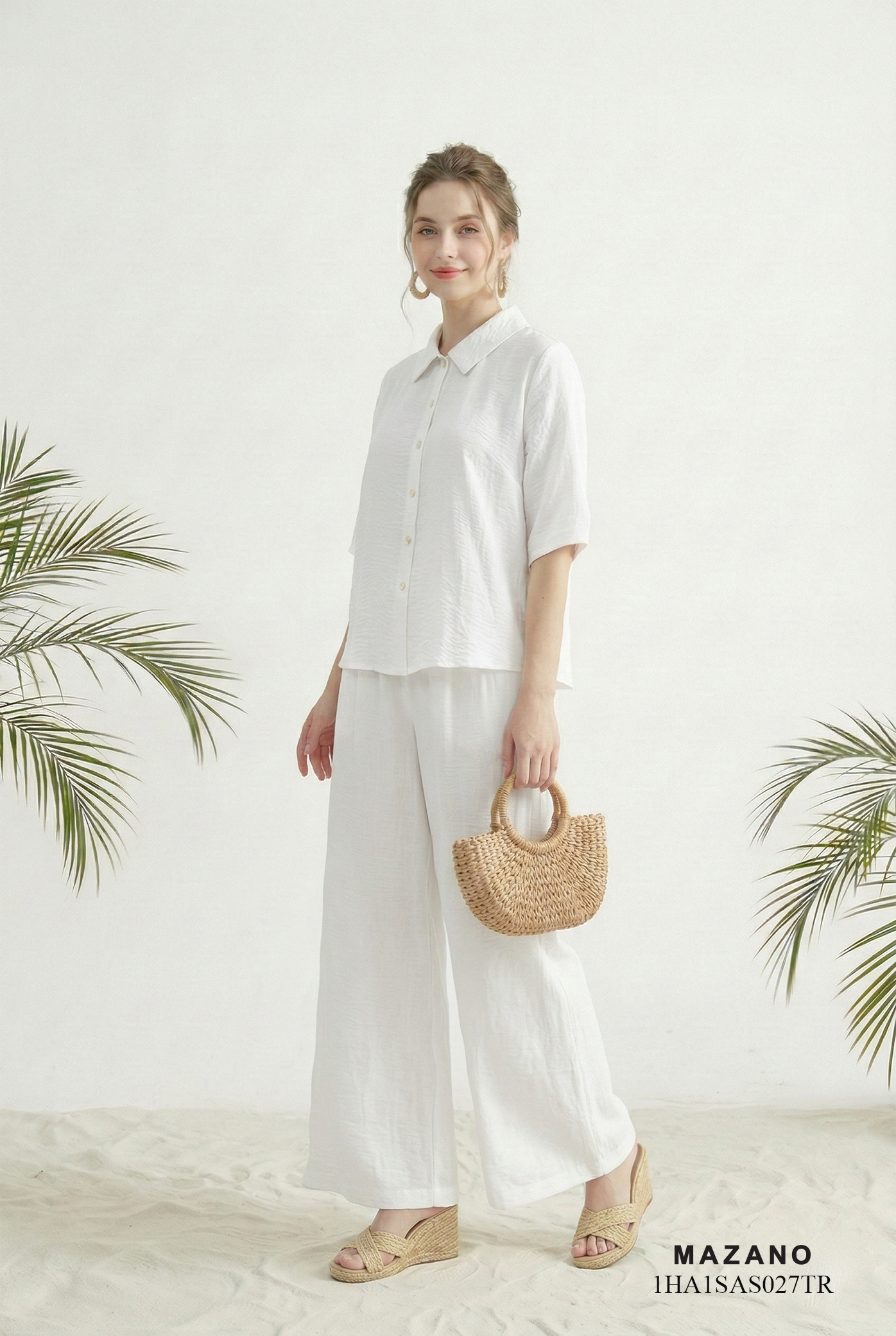 Áo sơ mi vải pha linen trắng dáng suông vừa cổ sơ mi thiết kế MAZANO 1HA1SAS027TR