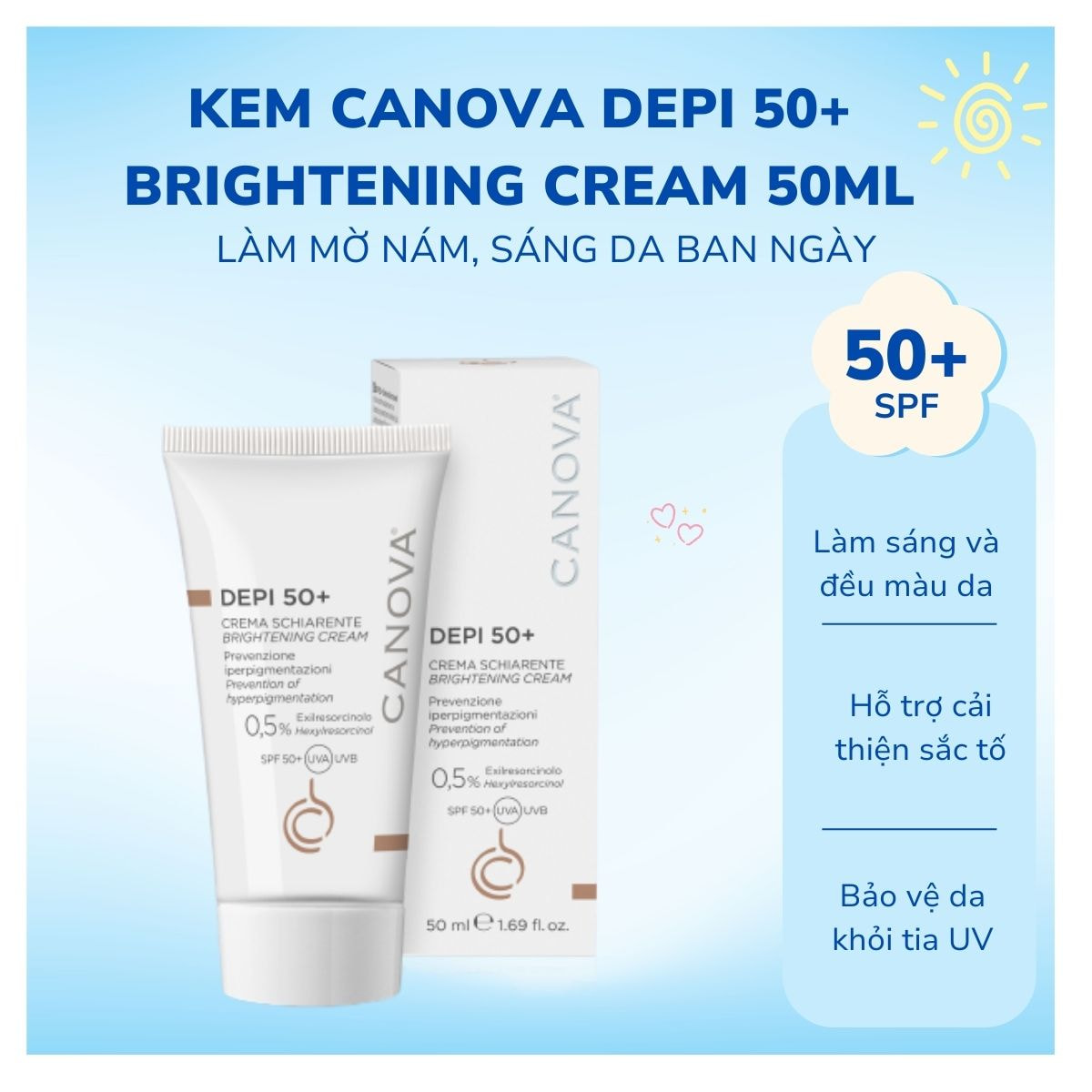 Công Dụng Kem Canova Depi 50+ Brightening cream 50ml - Làm Mờ Nám, Sáng Da Ban Ngày